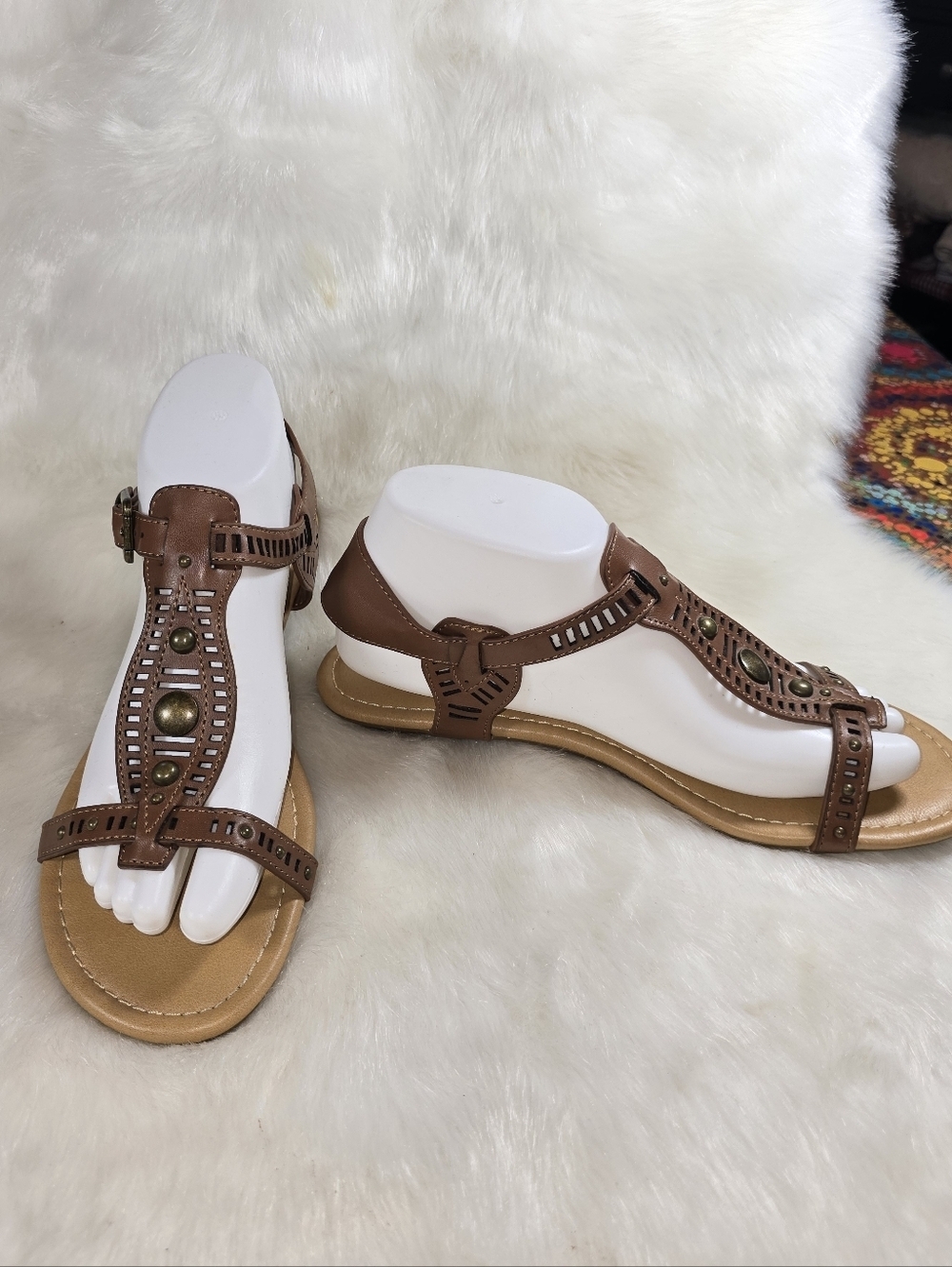 Curfew Norca Women’s Brown T-strap Studded/ Laser-cut Sandals